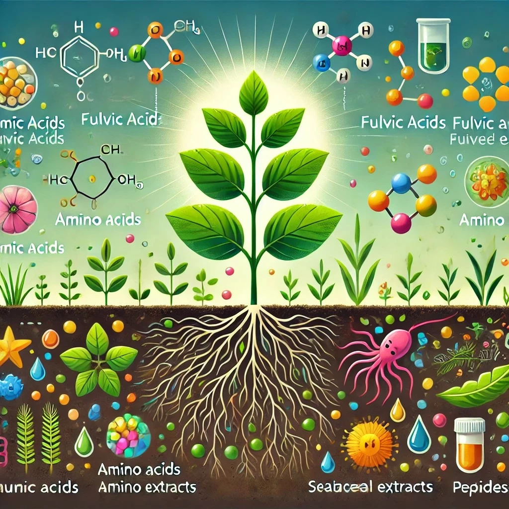 изображение, демонстрирующее концепцию биостимуляторов роста растений. На одной стороне представлены природные соединения, такие как гуминовые и фульвовые кислоты, аминокислоты и экстракты морских водорослей, а на другой – микроорганизмы, взаимодействующие с корнями растения.