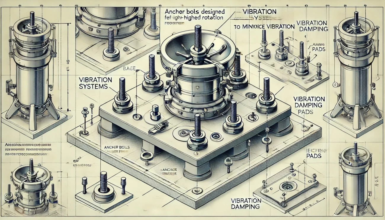 иллюстрация, показывающая установку основания центрифуги и крепежных компонентов, с выделением ключевых деталей, таких как анкерные болты, виброгасящие подушки и элементы устойчивости. 