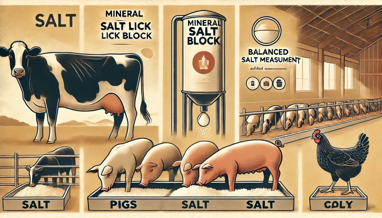 изображение, демонстрирующее правильное введение кормовой соли в рацион для крупного рогатого скота, свиней и птицы. 