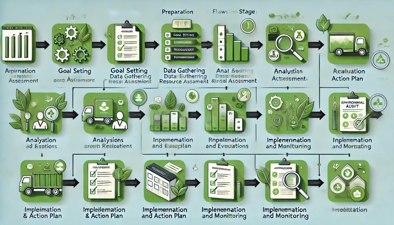 изображение, иллюстрирующее основные этапы проведения экологического аудита, разработанное с понятными надписями, экологически чистыми значками и организованной структурой блок-схемы для эффективного представления каждой фазы.