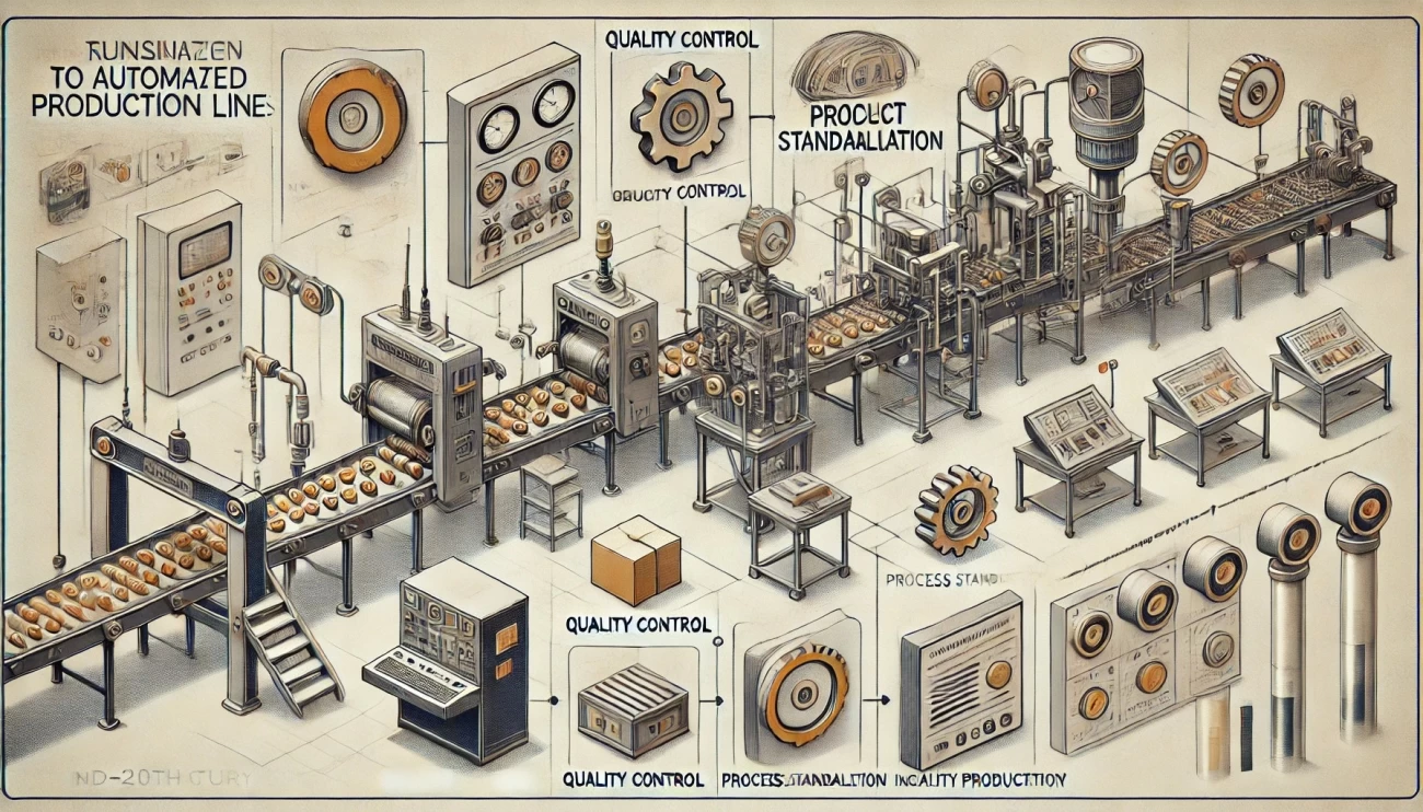 Изображение отражает переход к автоматизированным производственным линиям в середине XX века, подчеркивая стандартизацию процессов и улучшение контроля качества. 