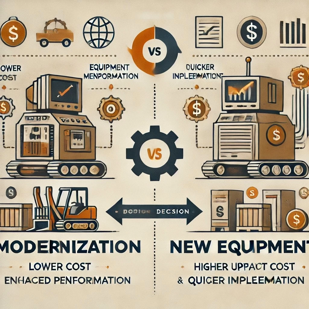 изображение, представляющее сравнение экономических аспектов модернизации оборудования и покупки нового.