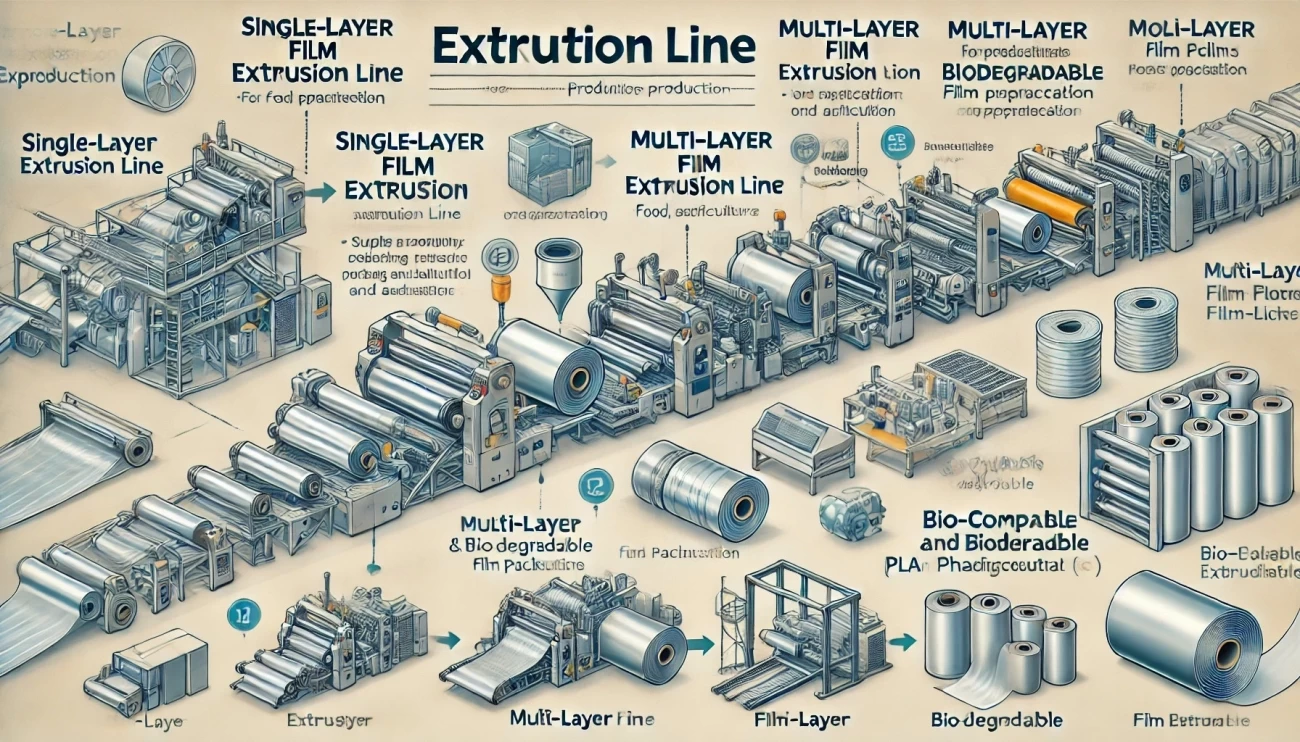 иллюстрация, показывающая основные типы линий экструзии: однослойные, многослойные и биоразлагаемые линии по производству пленки, с различными этикетками и визуальными особенностями для каждого типа.