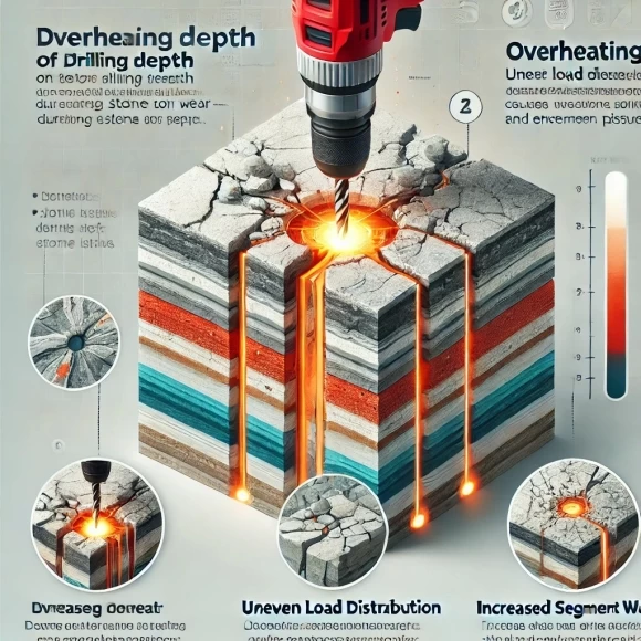 На изображении представлена инфографика, иллюстрирующая влияние глубины сверления на износ инструмента при работе с твердыми породами камня. 