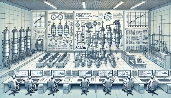 изображение системы SCADA в химической промышленности. Оно показывает операторскую с множеством экранов с данными в реальном времени, а также промышленное оборудование, связанное с системой мониторинга и управления.