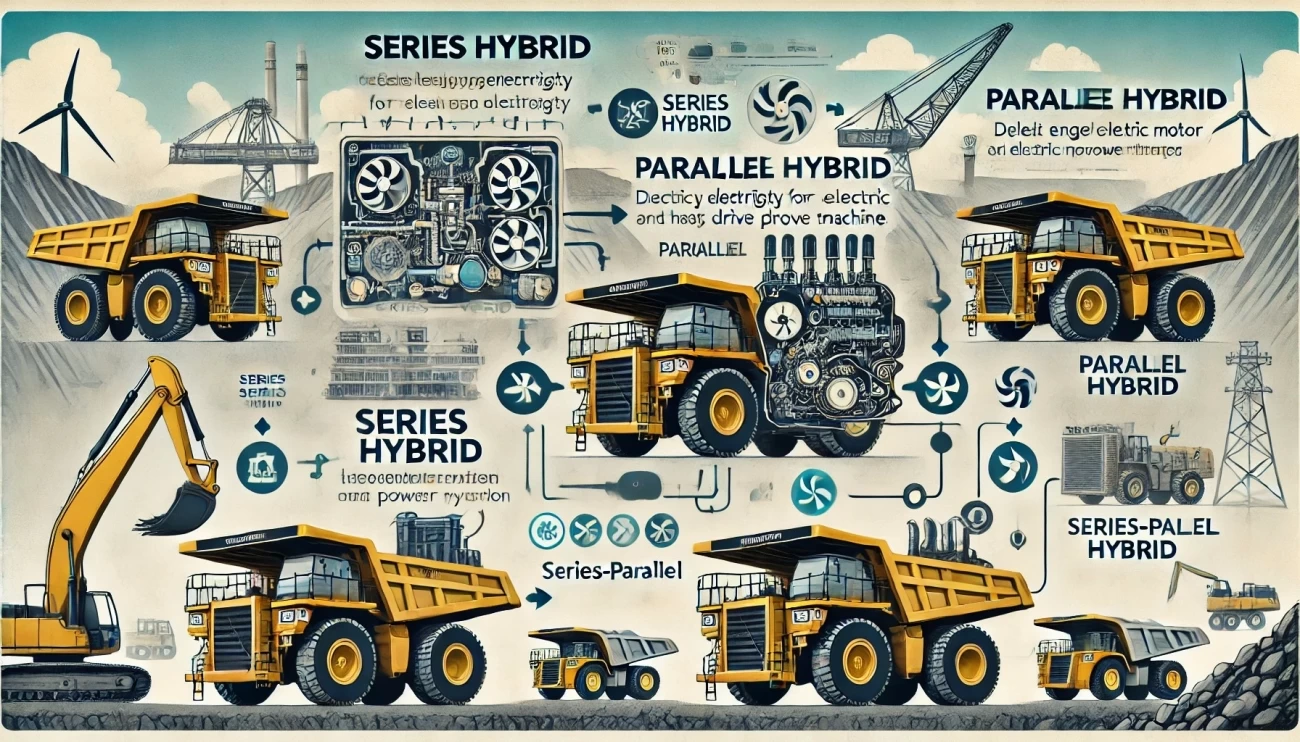 Инфографика с тремя типами гибридных технологий в карьерной технике, показывающая принципы работы серийных, параллельных и смешанных гибридных систем на фоне горнодобывающего оборудования.