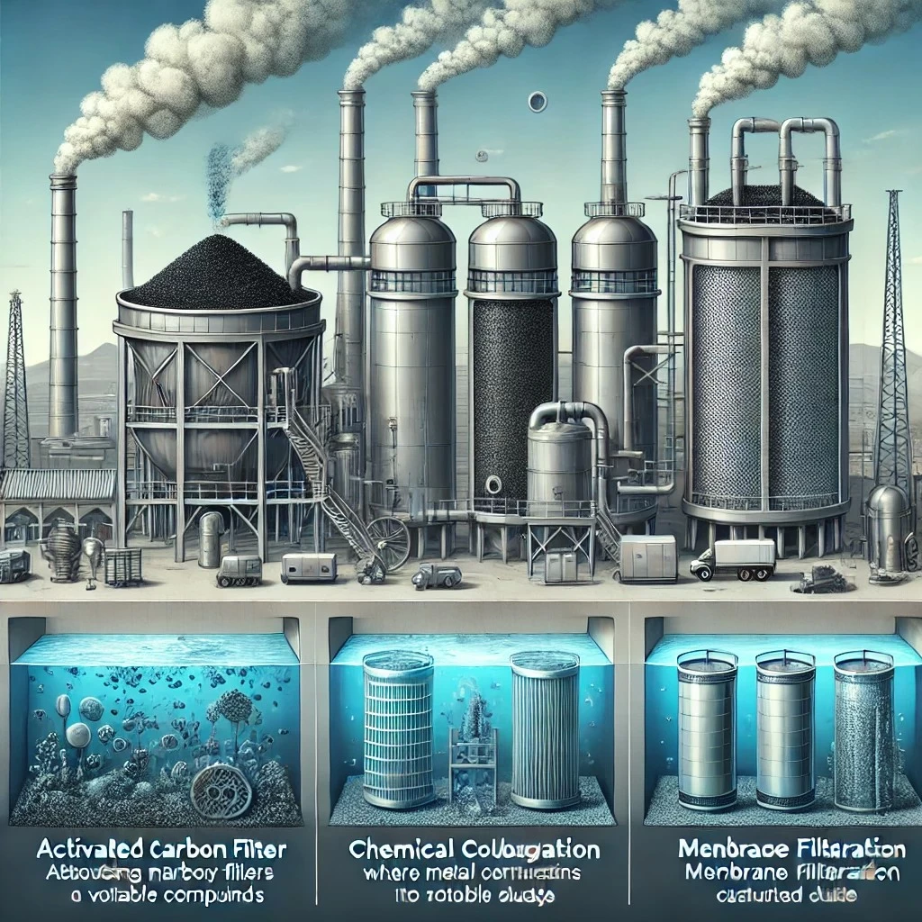 изображение, иллюстрирующее системы снижения выбросов тяжелых металлов, включая активированный уголь, химическую коагуляцию и фильтрацию через пористые мембраны в промышленной среде.