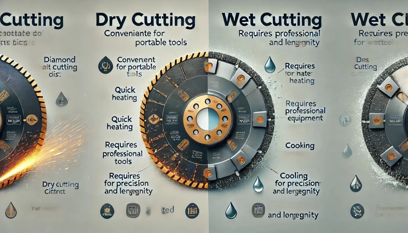 сравнительное изображение алмазных отрезных дисков для сухой и мокрой резки. Слева показан диск для сухой резки, что подчеркивает его быстрый нагрев и портативность, а справа — диск для мокрой резки с каплями воды, что подчеркивает охлаждение, точность и долговечность