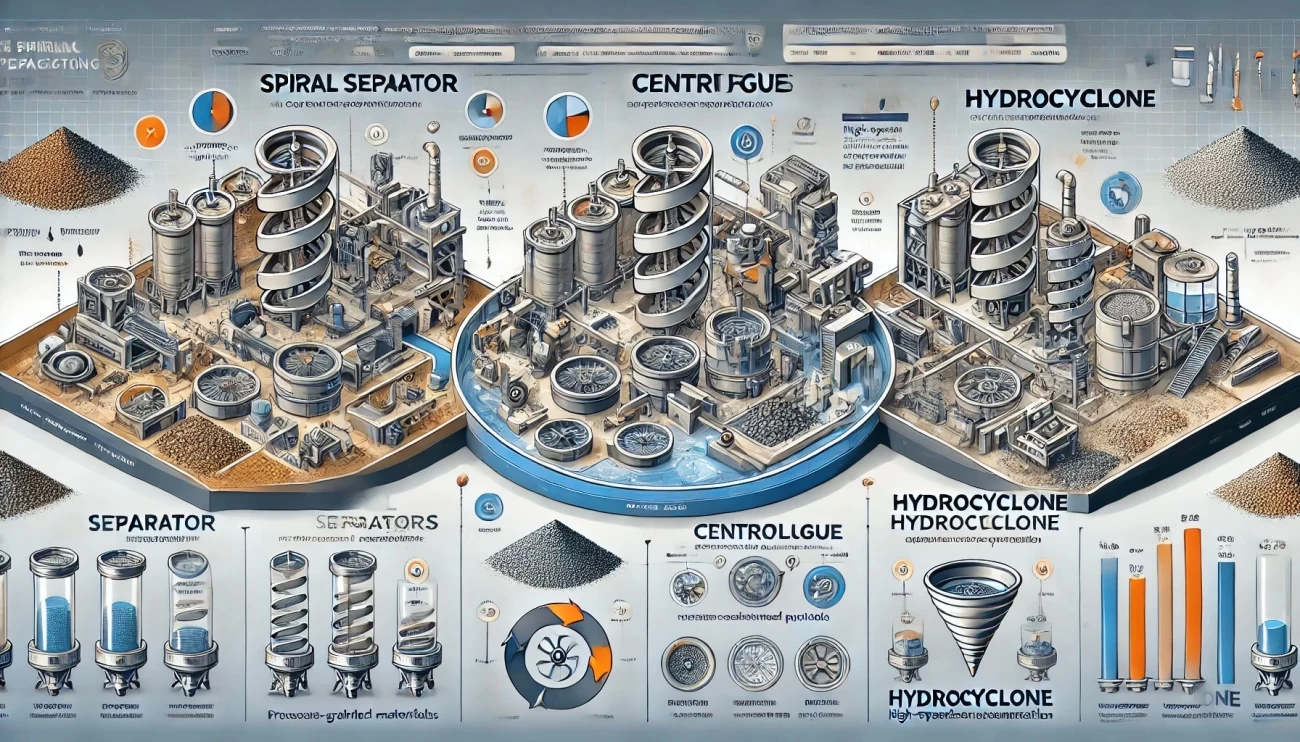 изображение для сравнительного анализа технологий: спиральных сепараторов, центрифуг и гидроциклонов. Оно визуализирует их эффективность при работе с различными материалами.