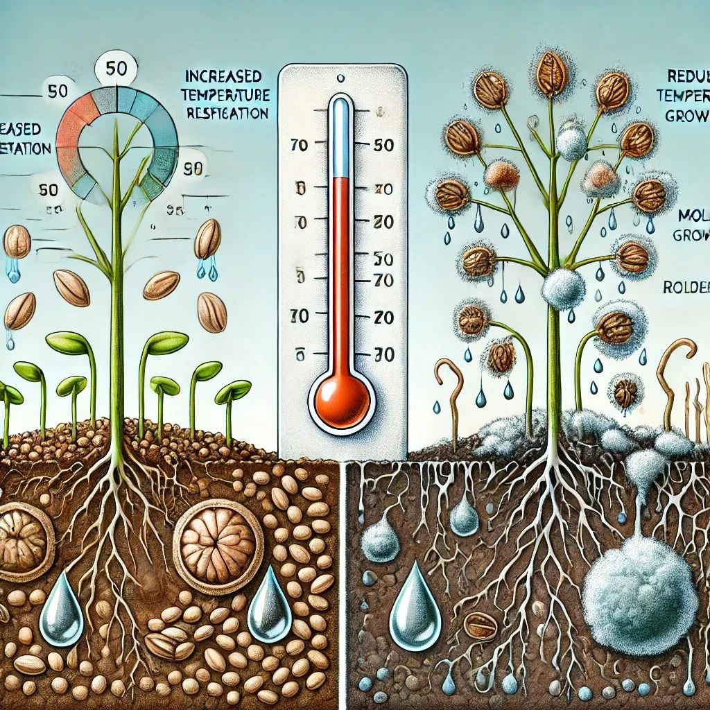 изображение, иллюстрирующее влияние температурных колебаний на жизнеспособность и качество семян, с четкими визуальными контрастами между стабильными и нестабильными температурными условиями