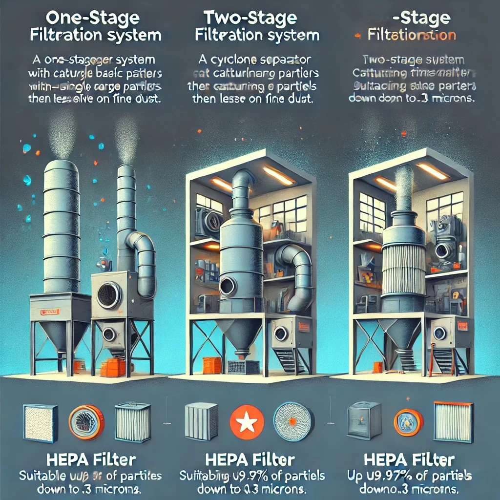 инфографика, иллюстрирующая три типа систем фильтрации для мастерских: одноступенчатую, двухступенчатую и систему с HEPA-фильтром