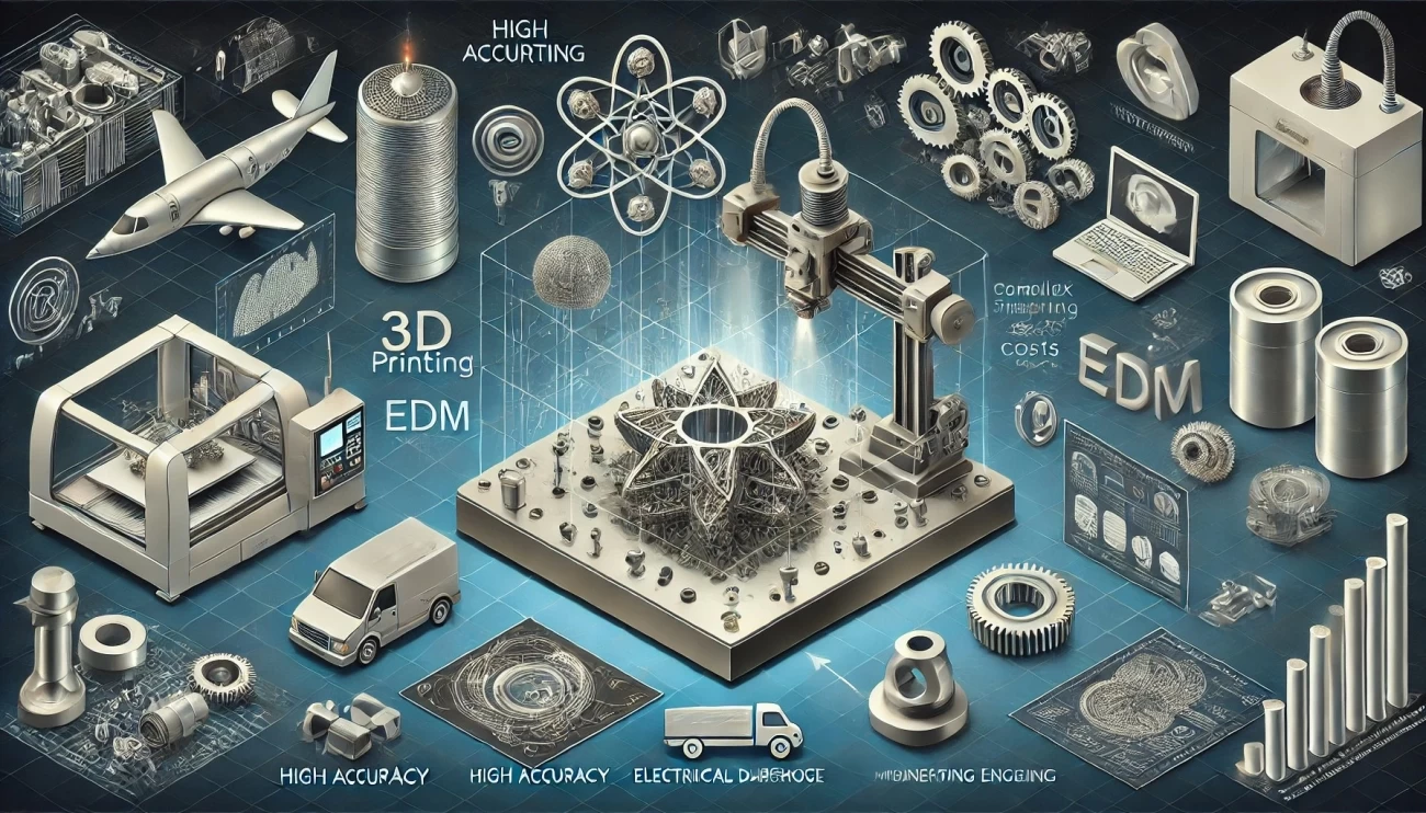 Изображение показывает синергию 3D-печати и EDM для создания высокоточных, сложных деталей в таких отраслях, как авиация, медицина и машиностроение, акцентируя внимание на сложной геометрии и сокращении производственных затрат. 