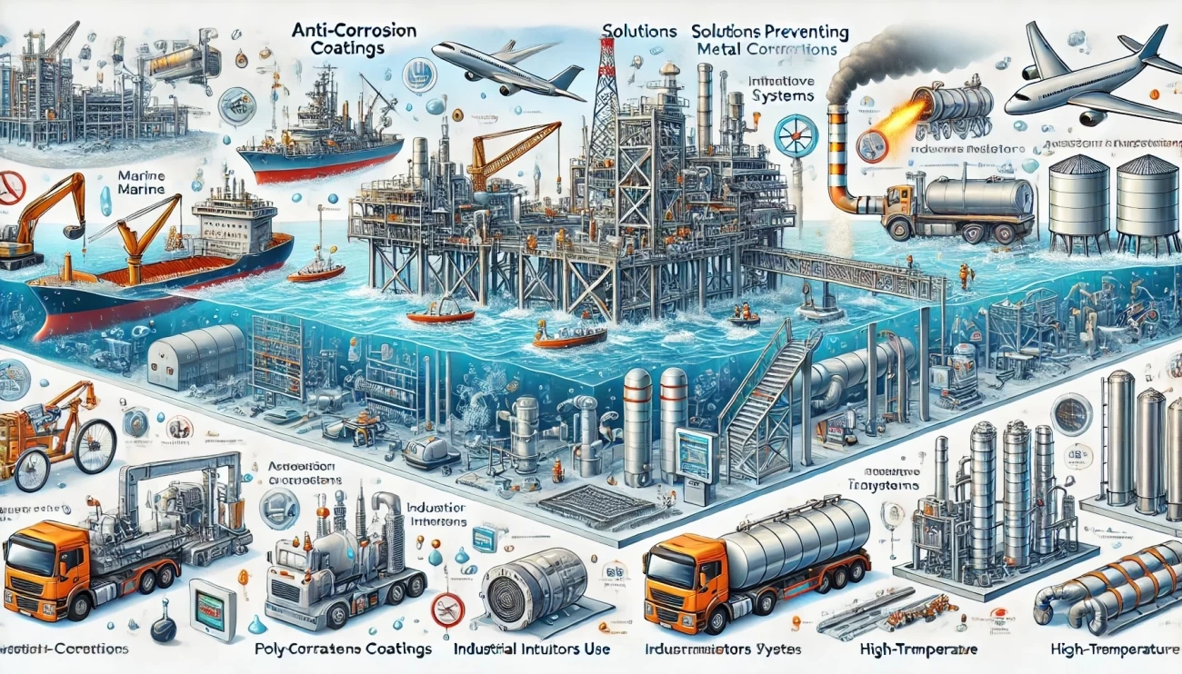 представлена ​​иллюстрация, демонстрирующая различные антикоррозионные решения для различных сред, включая морские, промышленные и высокотемпературные.