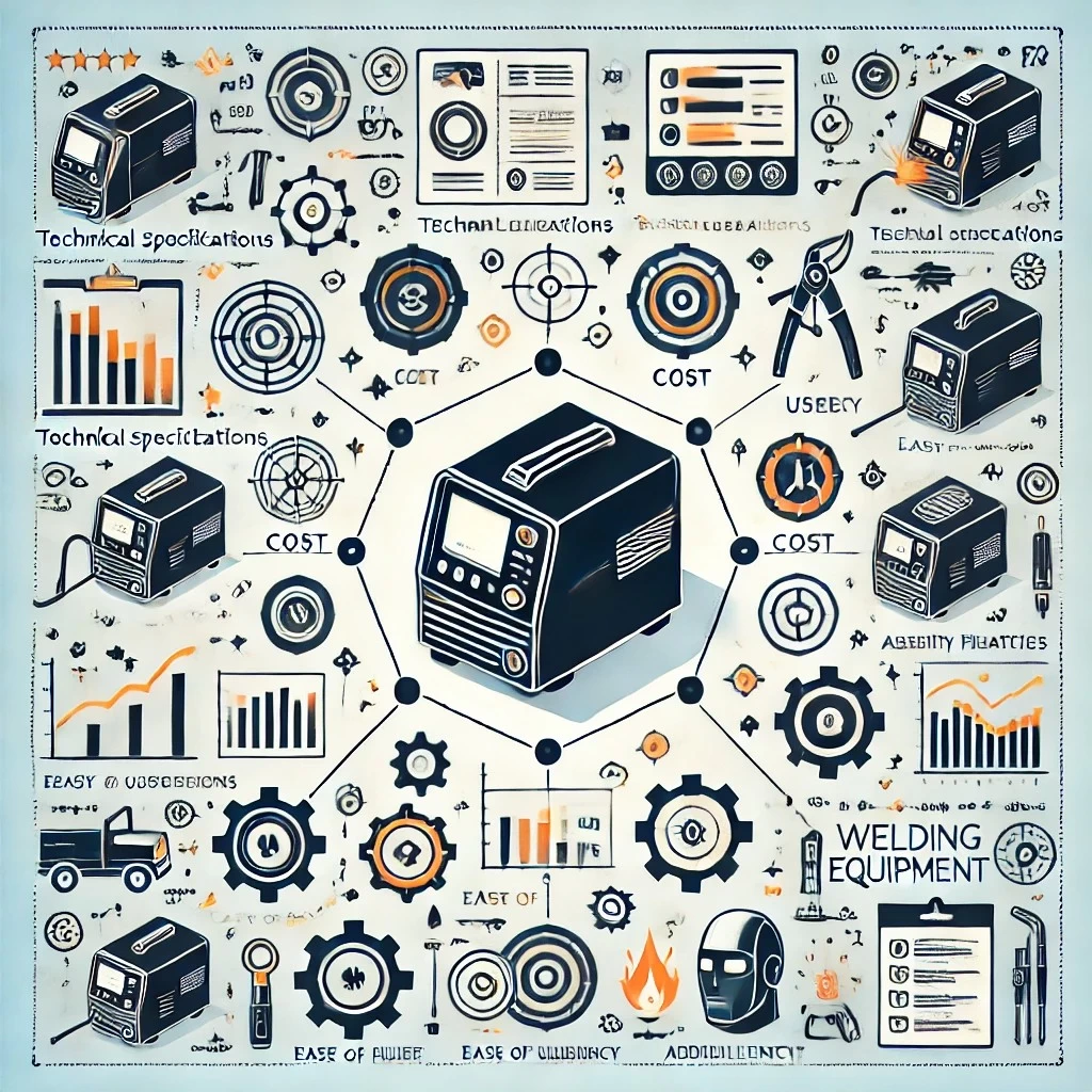 На изображении показана инфографика, которая визуализирует ключевые факторы при выборе сварочного оборудования для профессиональных и промышленных нужд. Включены иконки или символы, представляющие такие критерии, как технические характеристики, стоимость, удобство эксплуатации и эффективность. Есть диаграмма или схема, сравнивающая различные параметры, такие как мощность, надежность, функциональные особенности и удобство использования оборудования. Дизайн профессиональный и легко воспринимаемый, что помогает в принятии информированного решения при выборе сварочного аппарата.