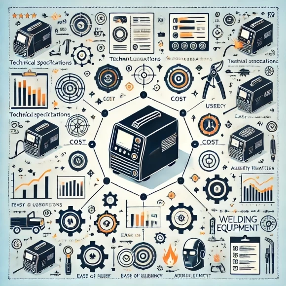 На изображении показана инфографика, которая визуализирует ключевые факторы при выборе сварочного оборудования для профессиональных и промышленных нужд. Включены иконки или символы, представляющие такие критерии, как технические характеристики, стоимость, удобство эксплуатации и эффективность. Есть диаграмма или схема, сравнивающая различные параметры, такие как мощность, надежность, функциональные особенности и удобство использования оборудования. Дизайн профессиональный и легко воспринимаемый, что помогает в принятии информированного решения при выборе сварочного аппарата.