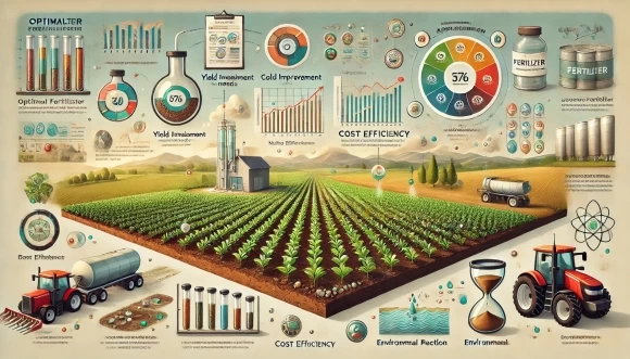 Изображение показывает оптимальное внесение удобрений с акцентом на анализ почвы, баланс питательных веществ, улучшение урожайности и защиту окружающей среды.