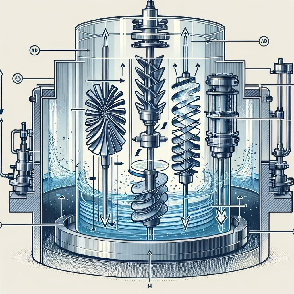 изображение турбинных мешалок, показывающее радиальный (дисковый) и осевой (лопастной) типы с потоками жидкости внутри реактора. Это иллюстрация инженерного уровня, подходящая для демонстрации принципов работы в химической промышленности.