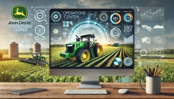 изображение, демонстрирующее интерфейс John Deere Operations Center, с элементами управления, отображающими данные о ферме, карты и аналитические панели. На фоне показана сельскохозяйственная техника John Deere, работающая на зелёных полях.