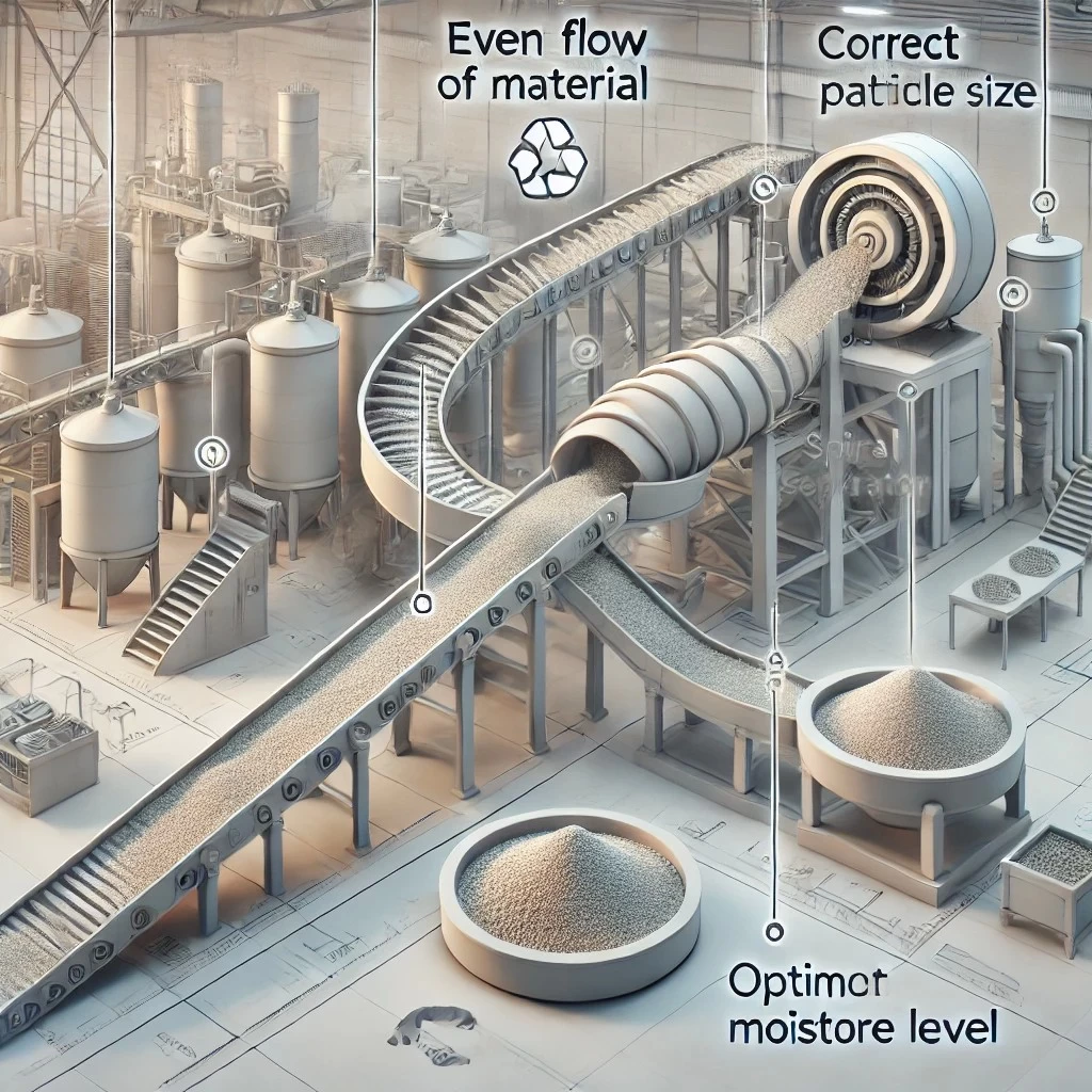 Изображение показывает процесс правильной подачи материала в спиральный сепаратор с акцентом на равномерность потока, оптимальный размер частиц и уровень влажности.
