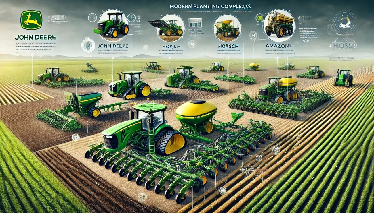  посевные комплексы от John Deere, Horsch и Amazone в различных полевых условиях, с акцентом на их уникальные характеристики и технологические особенности