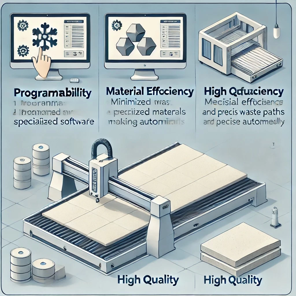 Изображение с преимуществами CNC-оборудования. Оно визуально демонстрирует основные аспекты: программируемость, экономию материалов и высокое качество обработки.