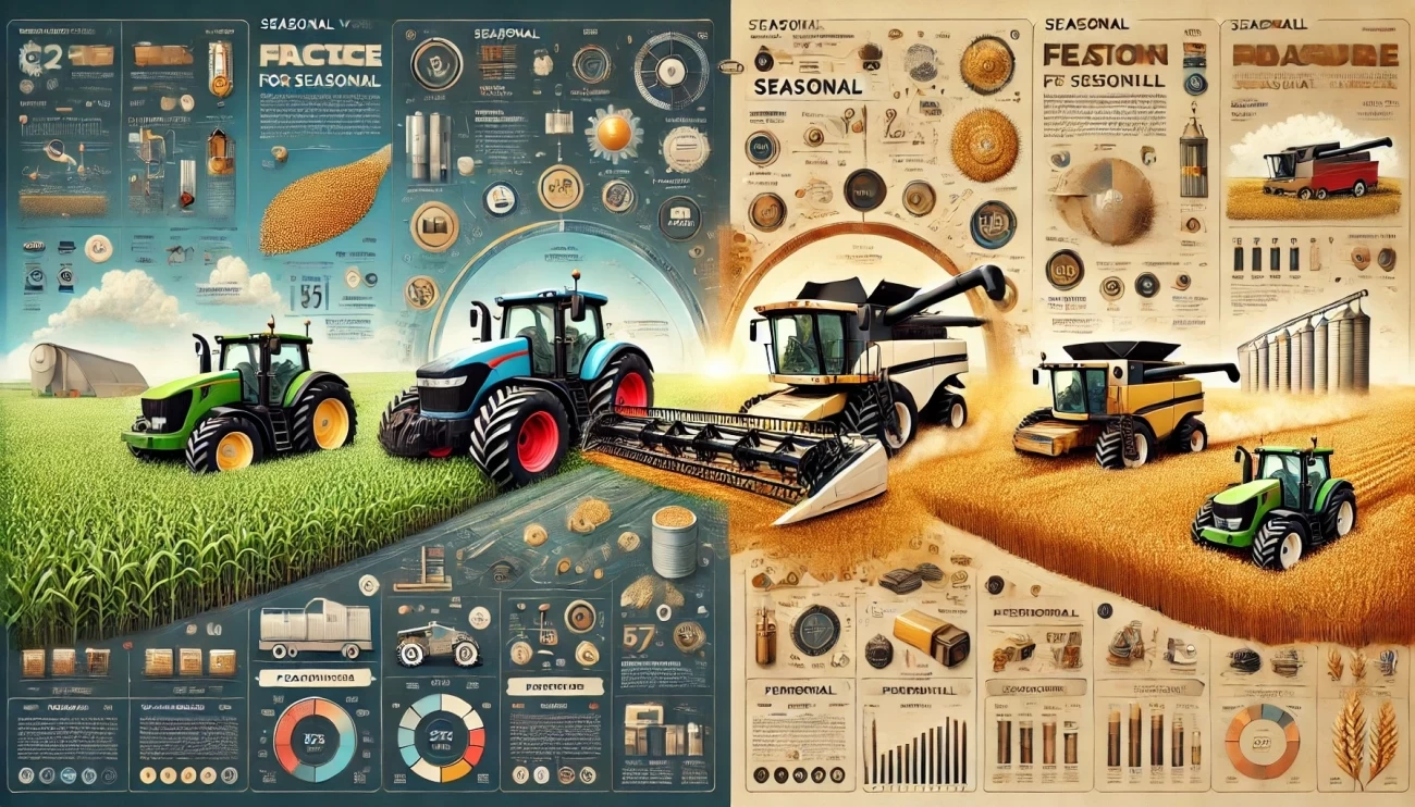 На изображении представлена инфографика, которая сравнивает аренду тракторов и комбайнов для сезонных работ в сельском хозяйстве и строительстве. Слева изображен трактор, работающий на поле с зелеными культурами и ясным голубым небом на фоне. Справа — комбайн, который собирает урожай в золотом поле, с пылью, поднимающейся за ним. Оба механизма находятся в действии, что подчеркивает их эффективность в различных задачах. В фоновом пространстве можно увидеть элементы сельскохозяйственного и строительного оборудования, а также сезонные элементы, чтобы подчеркнуть общую тему.