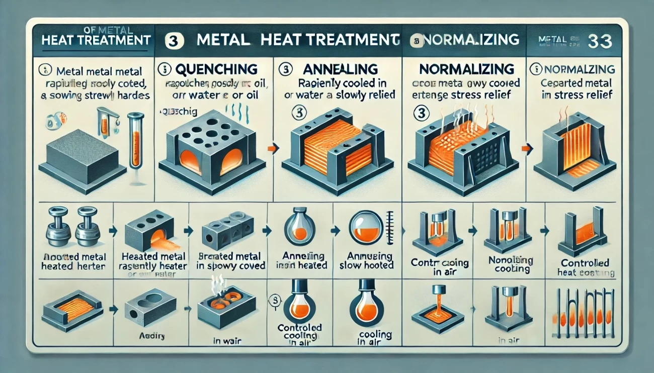 изображение, иллюстрирующее основные типы термической обработки металлов: закалка, отжиг и нормализация, каждое с визуальным представлением процесса и его влияния на свойства металла