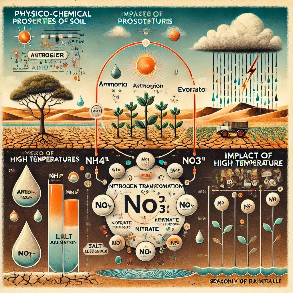 визуализация, демонстрирующая особенности применения азота в засушливых регионах. Изображение охватывает ключевые аспекты: физико-химические свойства почвы, влияние высоких температур и сезонность осадков.