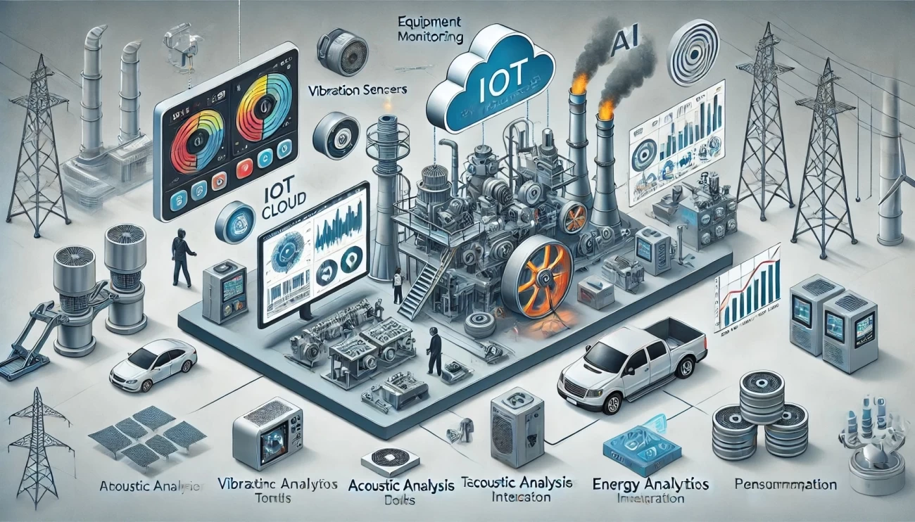 изображение, иллюстрирующее современные технологии мониторинга состояния оборудования, включая датчики вибрации, тепловизоры, акустический анализ, контроль электрических параметров, облачные технологии и прогнозную аналитику.