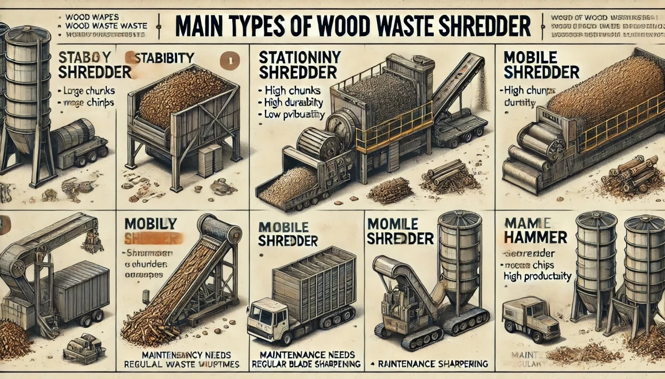 иллюстрация, изображающая основные типы измельчителей древесных отходов, демонстрирующая стационарные, мобильные, роторные и молотковые измельчители с этикетками и описаниями. Каждый измельчитель был разработан с учетом описанных конкретных промышленных особенностей.