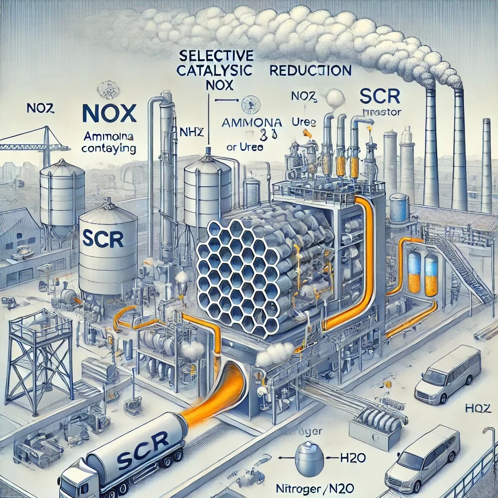 изображение, иллюстрирующее процесс селективного каталитического восстановления (SCR) для снижения выбросов NOₓ. На нем показан поток газов, подача аммиака (или мочевины), прохождение через катализатор и выход очищенного газа.