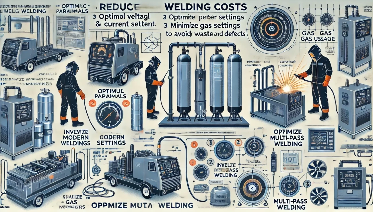 Визуализация с ключевыми элементами снижения затрат на сварку. Изображение включает оптимизацию параметров, минимизацию расхода газа, использование современного оборудования, обучение сварщиков и оптимизацию многопроходной сварки.