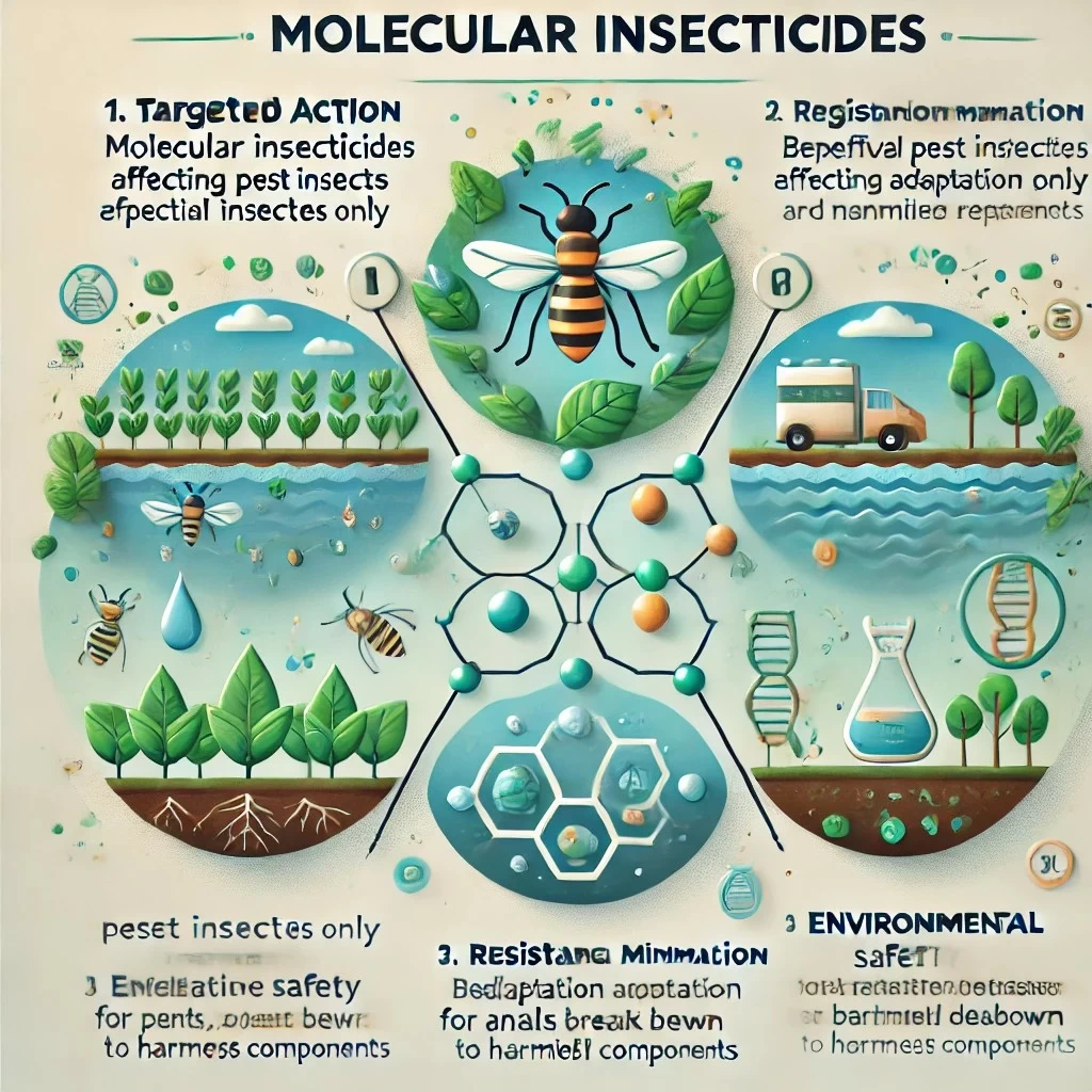 инфографическое изображение преимуществ молекулярных инсектицидов, с упором на целенаправленное действие, минимизацию резистентности и экологическую безопасность.