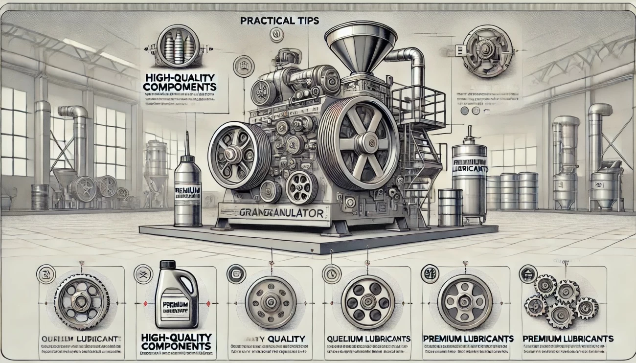 изображение, иллюстрирующее пункт о качественных деталях и смазочных материалах для повышения надежности гранулятора. Гранулятор находится в центре, с акцентами на использовании качественных компонентов и смазочных материалов.