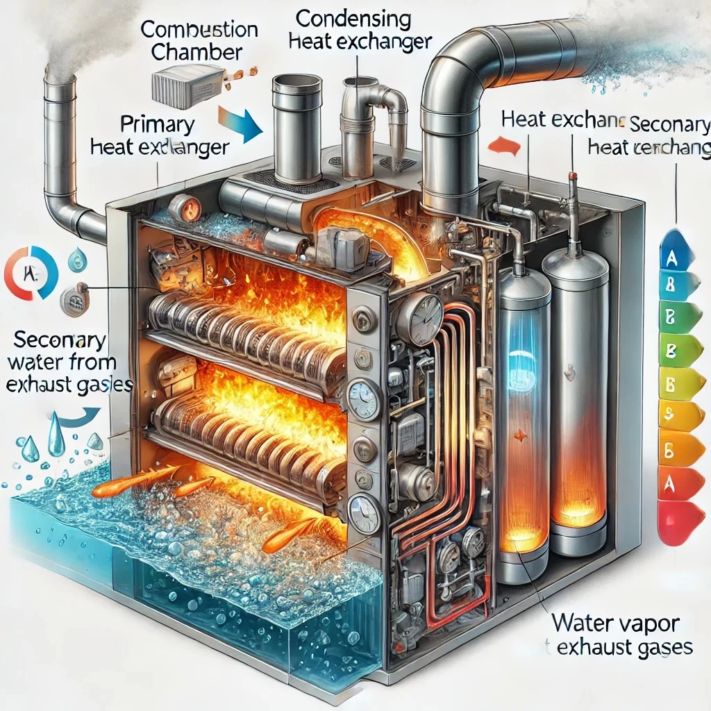 изображение, показывающее принцип работы конденсационного котла. Оно демонстрирует ключевые отличия от традиционных моделей, подчеркивая процесс конденсации водяного пара для извлечения дополнительного тепла.