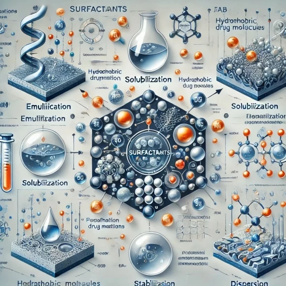 иллюстрация, демонстрирующая роль поверхностно-активных веществ (ПАВ) в фармацевтической промышленности. Она включает визуализацию ключевых функций, таких как эмульгирование, солюбилизация, стабилизация и диспергирование, а также схемы мицелл и взаимодействие ПАВ с биологическими мембранами.