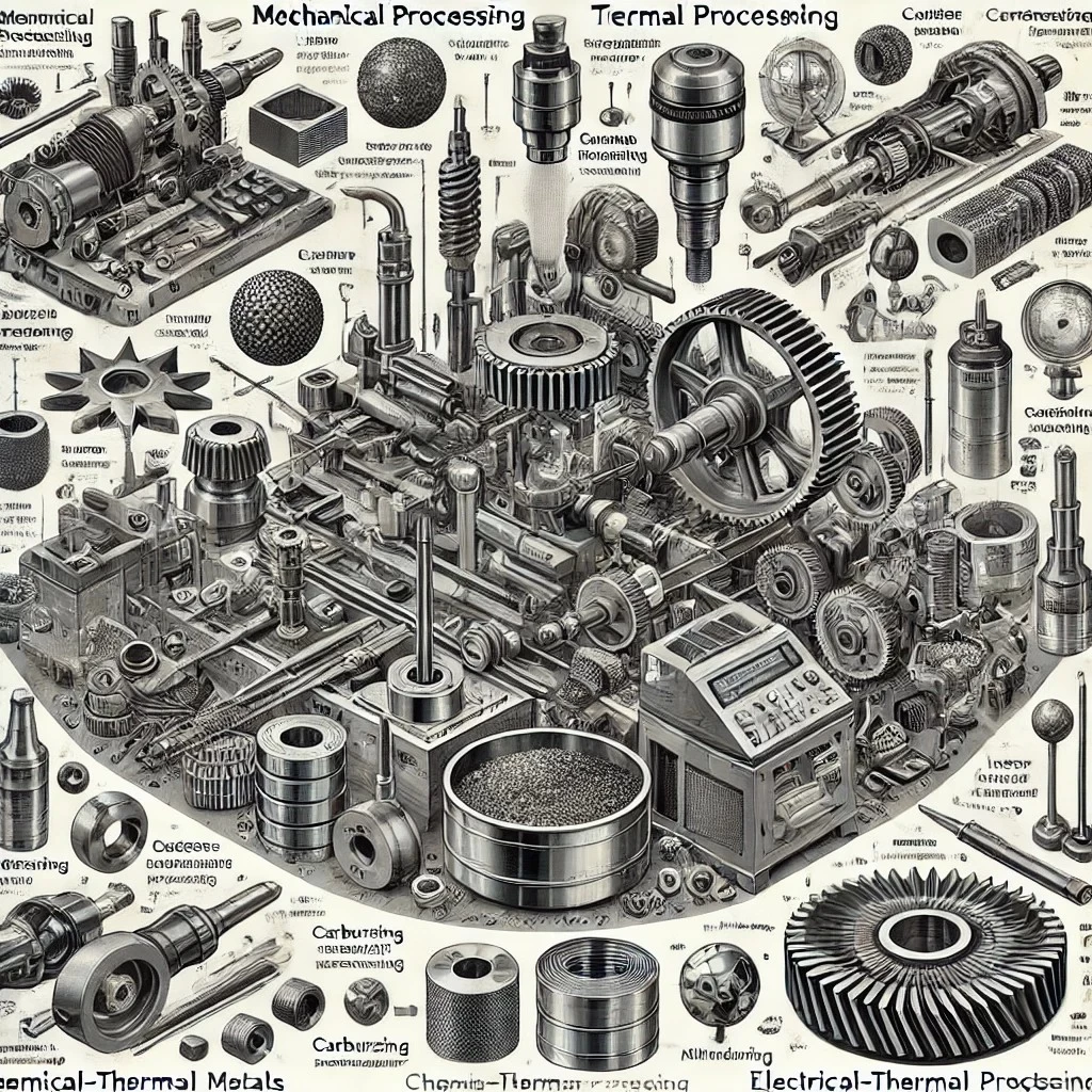 На изображении показаны различные методы обработки металлов в промышленности. В центре находится процесс механической обработки с использованием износостойких инструментов, таких как карбидные или алмазные резцы. В другом сегменте изображена термическая обработка металлов, включая закалку и отжиг для повышения их прочности. Также показан процесс химико-термической обработки, например, насыщение углеродом для закаливания поверхностей. В последнем разделе изображены молекулярные методы обработки, такие как лазерная и электроэрозионная обработка для ультратвёрдых материалов, с использованием высокотехнологичного оборудования. Весь процесс выполняется с высокой точностью и технологической сложностью.