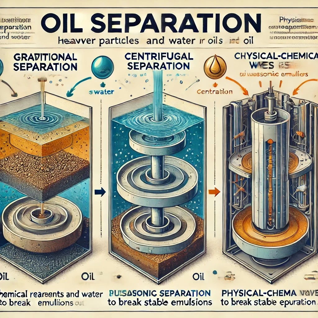 Изображение иллюстрирует принципы действия сепараторов, демонстрируя гравитационное, центробежное и физико-химическое разделение