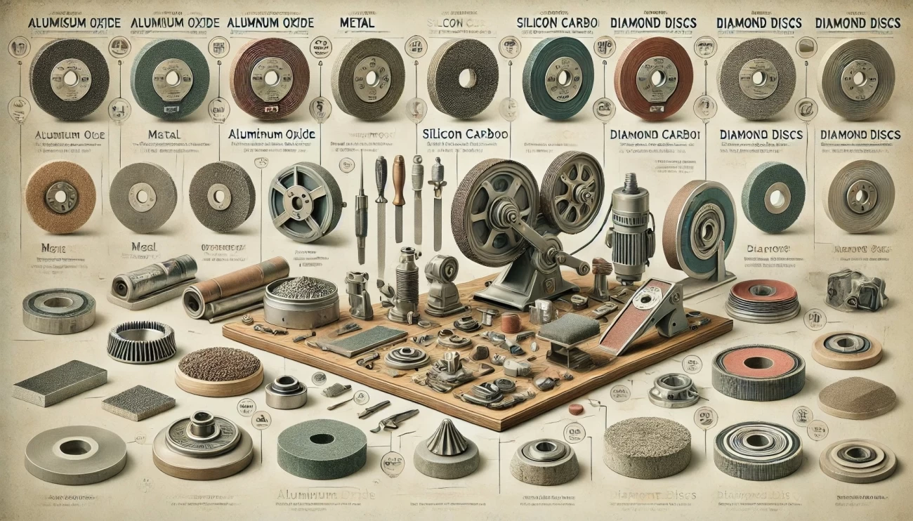 представлена ​​техническая иллюстрация, на которой показаны абразивные шлифовальные инструменты и материалы, предназначенные для различных поверхностей: металла, дерева, камня и бетона. Каждый тип абразива вместе с соответствующими машинами изображен в профессиональной мастерской, с упором на точность и оптимальный выбор инструмента для каждого материала. 