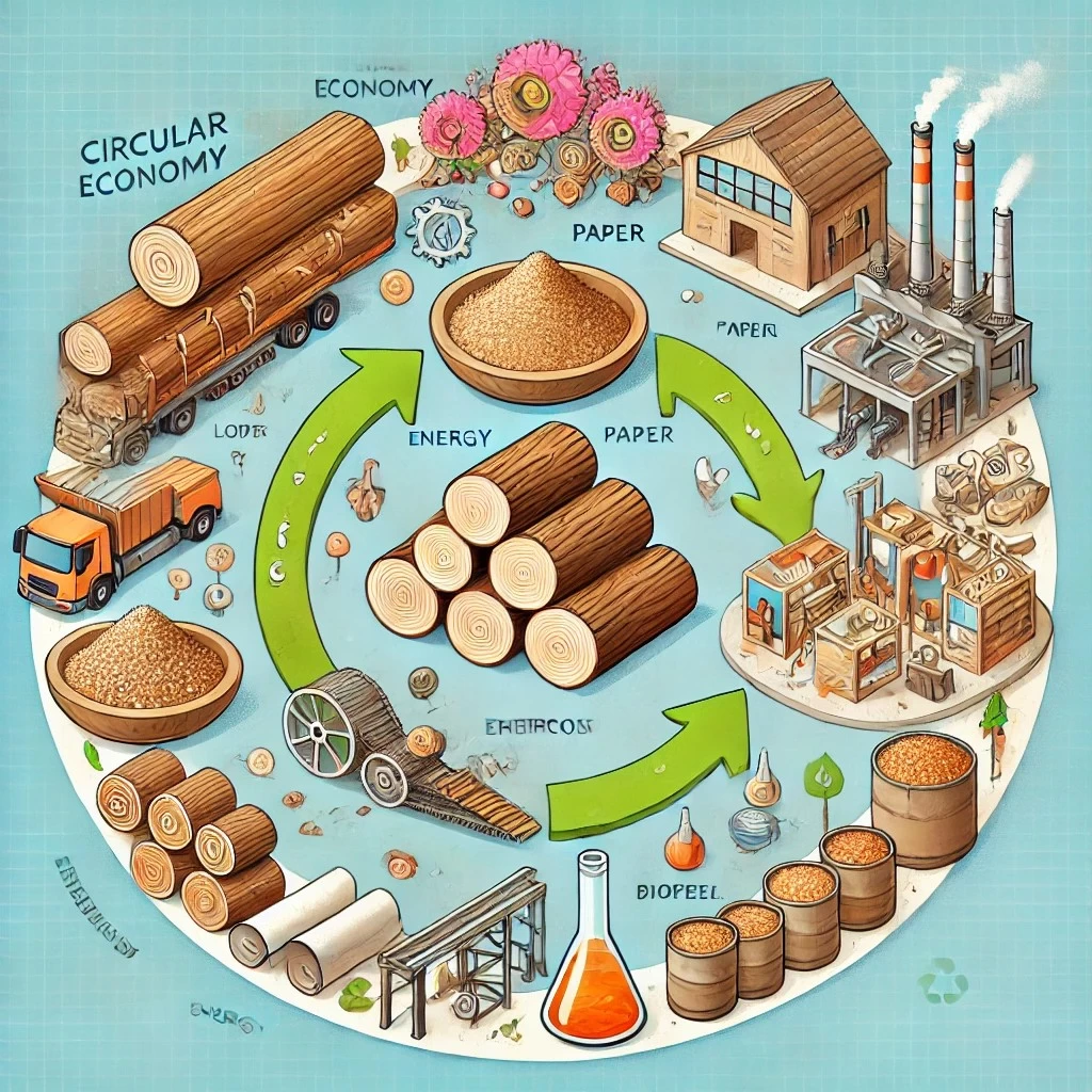 визуальное представление циркулярной экономики в лесопильной промышленности и переработки древесных отходов в химические соединения. 