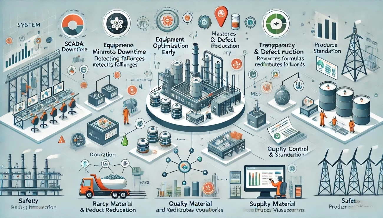 инфографика, иллюстрирующая, как SCADA и MES системы повышают эффективность и снижают издержки в химической промышленности. 