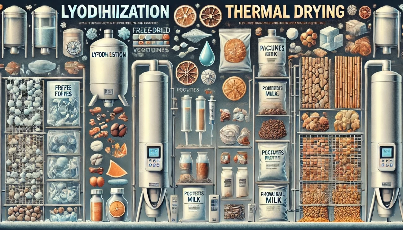 изображение, иллюстрирующее сравнение применения методов лиофилизации и тепловой сушки в производстве.