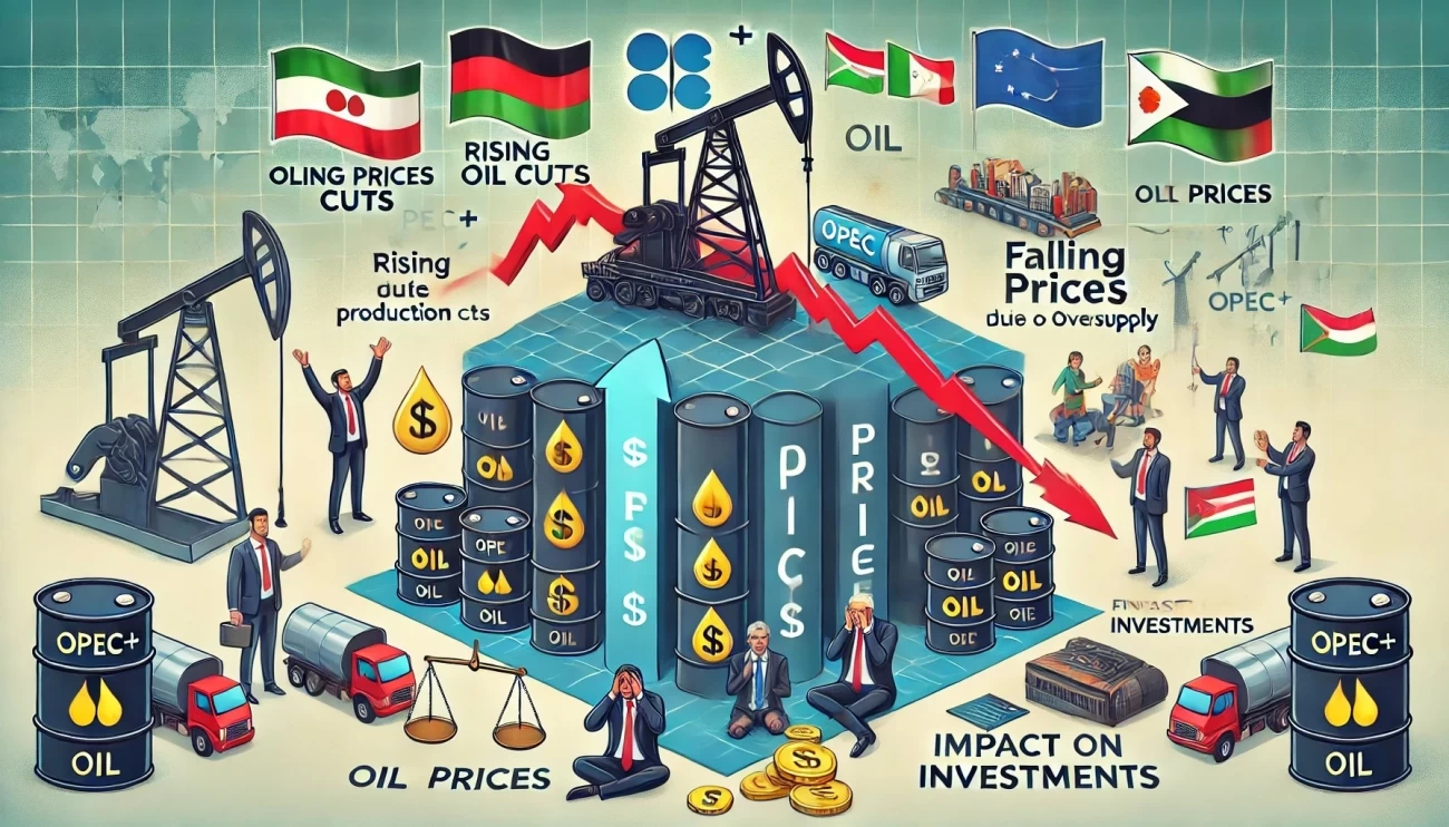 изображение, иллюстрирующее последствия решений ОПЕК+ для нефтяного рынка. Оно отражает рост цен при сокращении добычи, падение цен при избытке предложения и влияние на инвестиции в нефтяную отрасль и альтернативную энергетику.