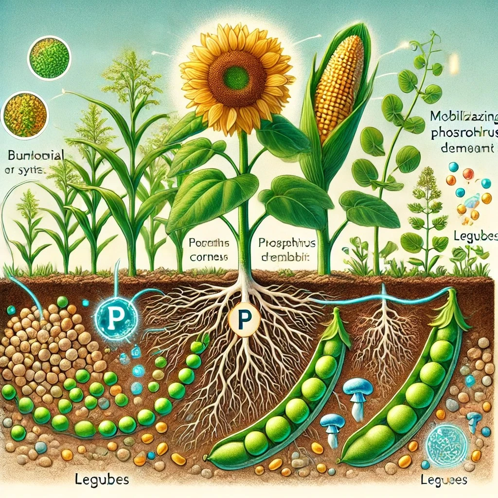 изображение, отражающее роль фосфора (P) в развитии корневой системы растений, с акцентом на потребность различных культур в этом элементе.