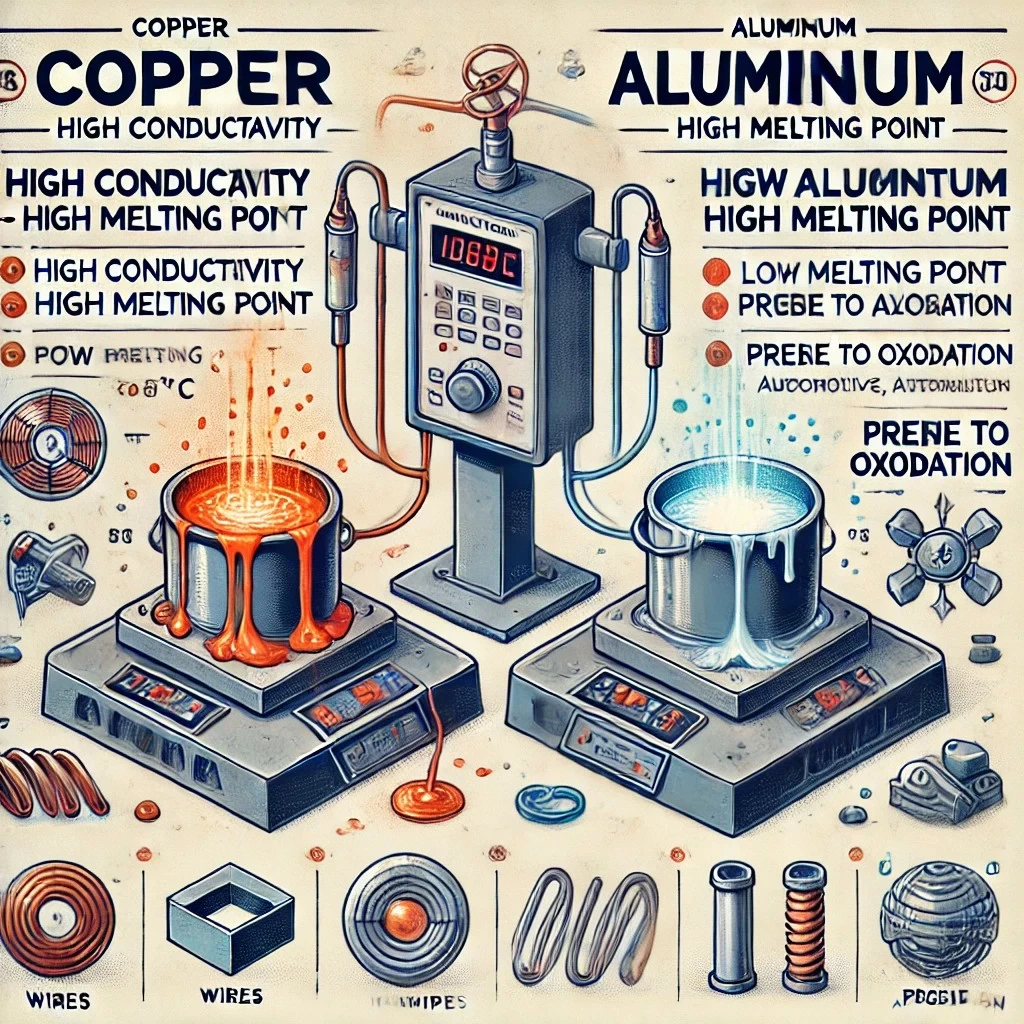 На изображении показано сравнение особенностей индукционной плавки меди и алюминия. Слева изображена медь с акцентом на её высокую температуру плавления (1083°C), а справа — алюминий с защитой от окисления, демонстрируя применение индукционной плавки для каждого металла.