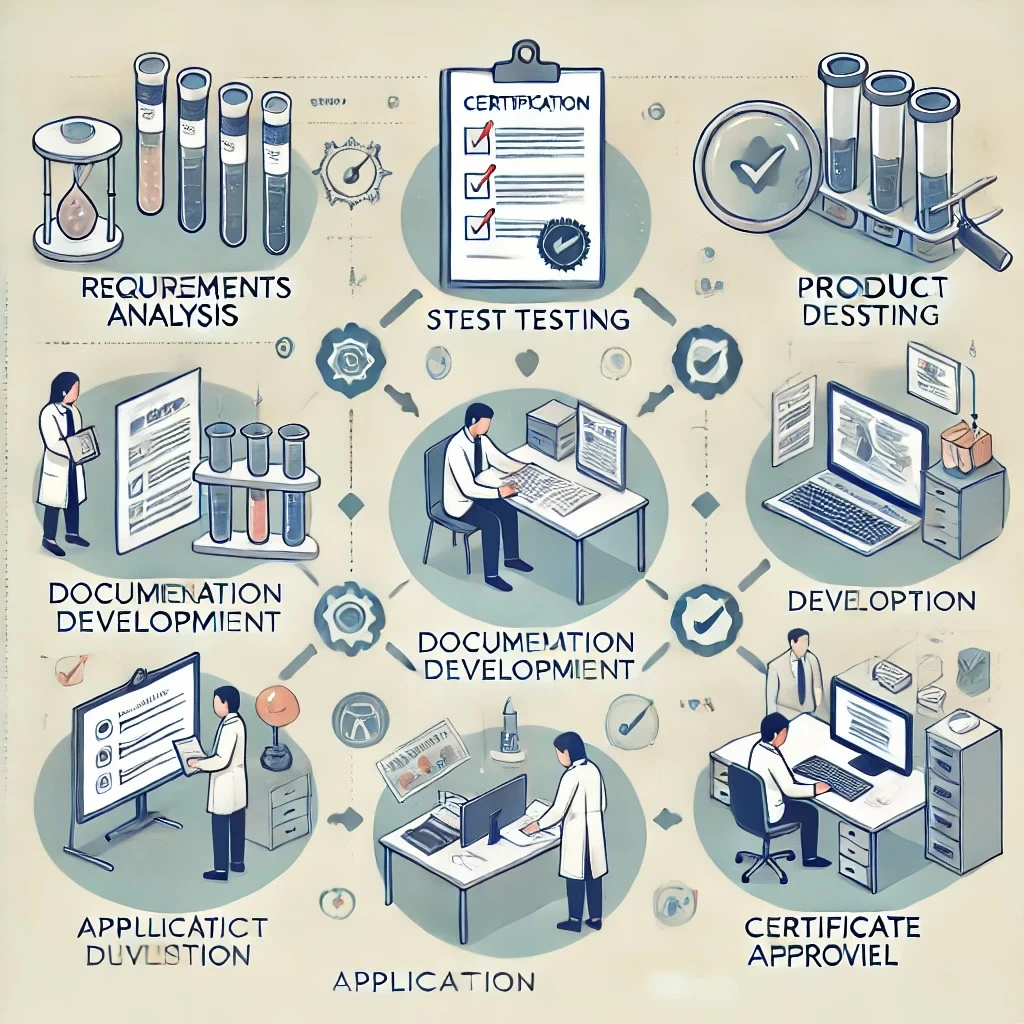 На изображении представлен процесс сертификации в виде инфографики с пятью основными этапами: Анализ требований, Тестирование продукции, Разработка документации, Подача заявки, Получение сертификата.
