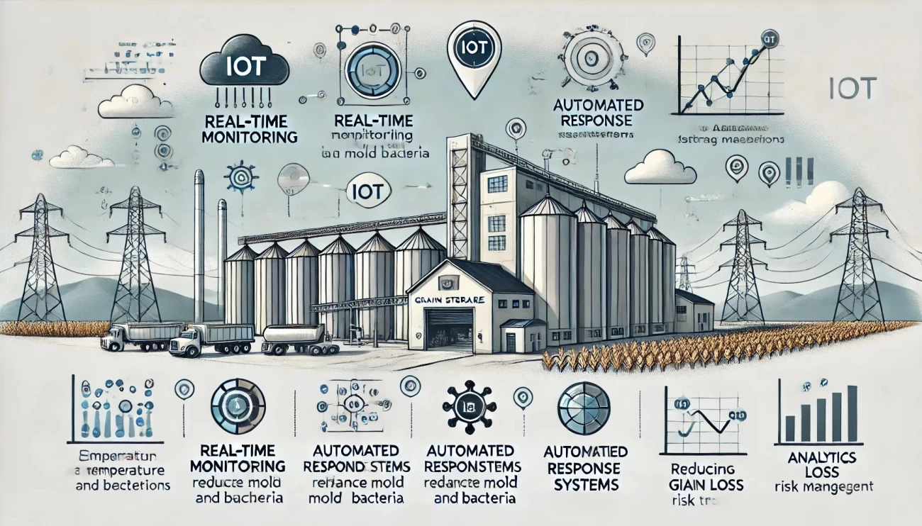 иллюстрация, демонстрирующая преимущества IoT в управлении хранилищами зерна, подчеркивающая безопасность, автоматизацию и аналитику