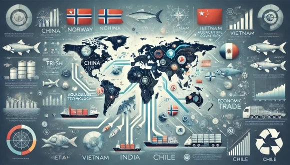 иллюстрация, отображающая глобальную торговлю рыбой и морепродуктами, с акцентом на ключевых экспортёров, торговые потоки и влияние современных технологий и экономических факторов.