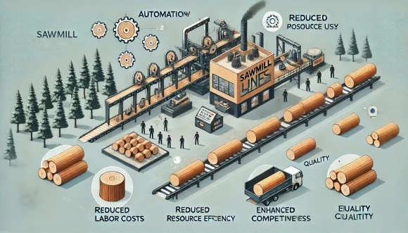 преимущества лесопильных линий для малых предприятий в лесной промышленности, показывая автоматизацию процессов, повышение производительности и оптимизацию трудозатрат. 