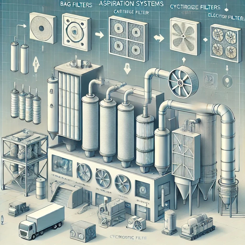 изображение, визуализирующее разные типы фильтров для аспирационных систем и их применение. 